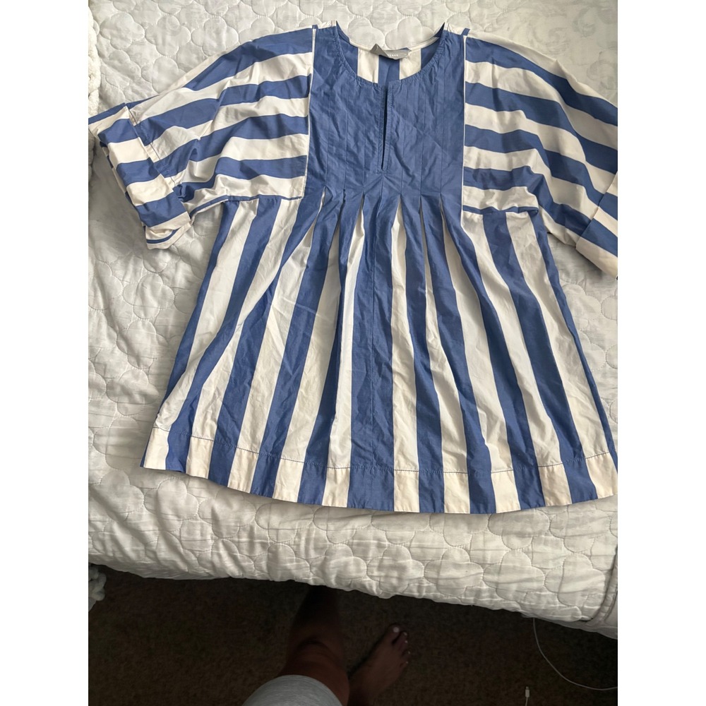 Everlane Womens XS Blue White Striped Pintuck Pleated Cotton Tunic Top Oversized